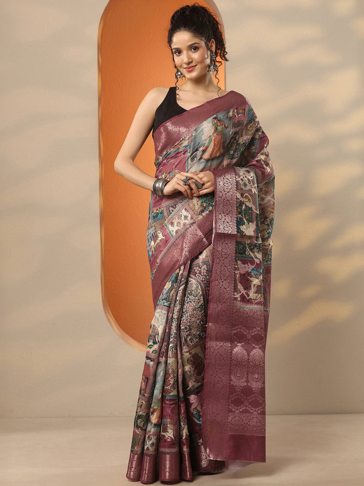 Multi Tribal Printed Silk Blend Saree With Unstitched Blouse Piece