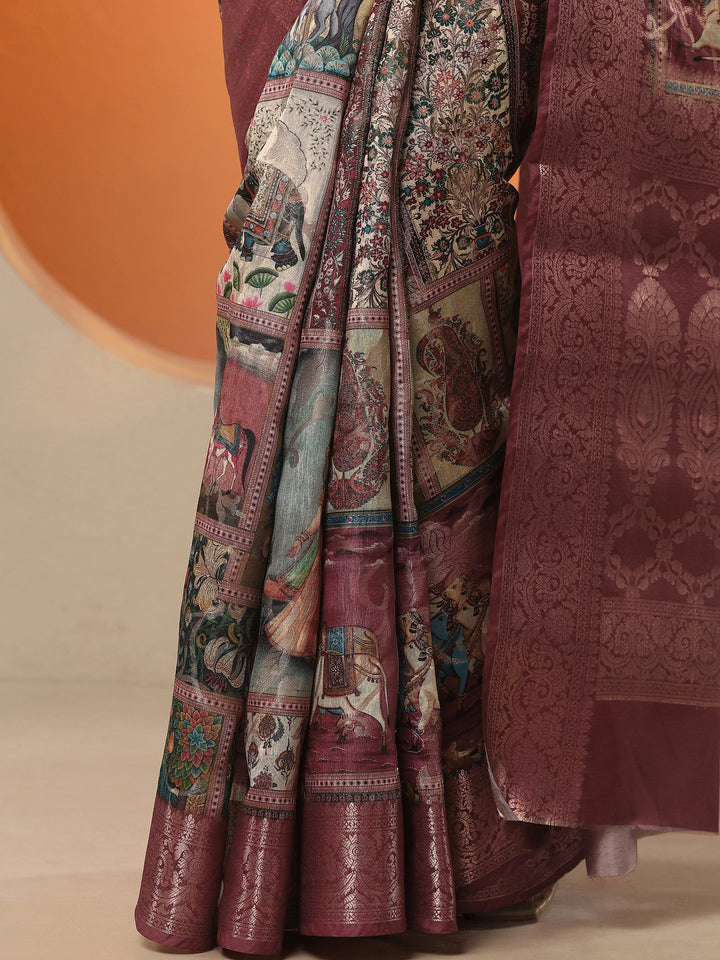 Multi Tribal Printed Silk Blend Saree With Unstitched Blouse Piece