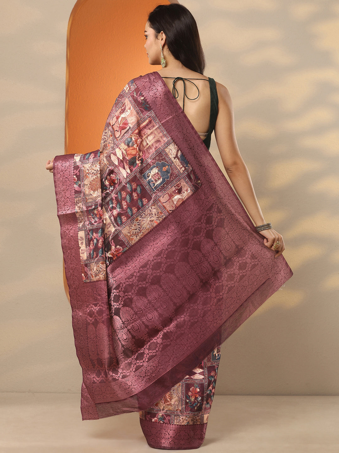 Burgundy Printed Silk Blend Saree With Unstitched Blouse Piece
