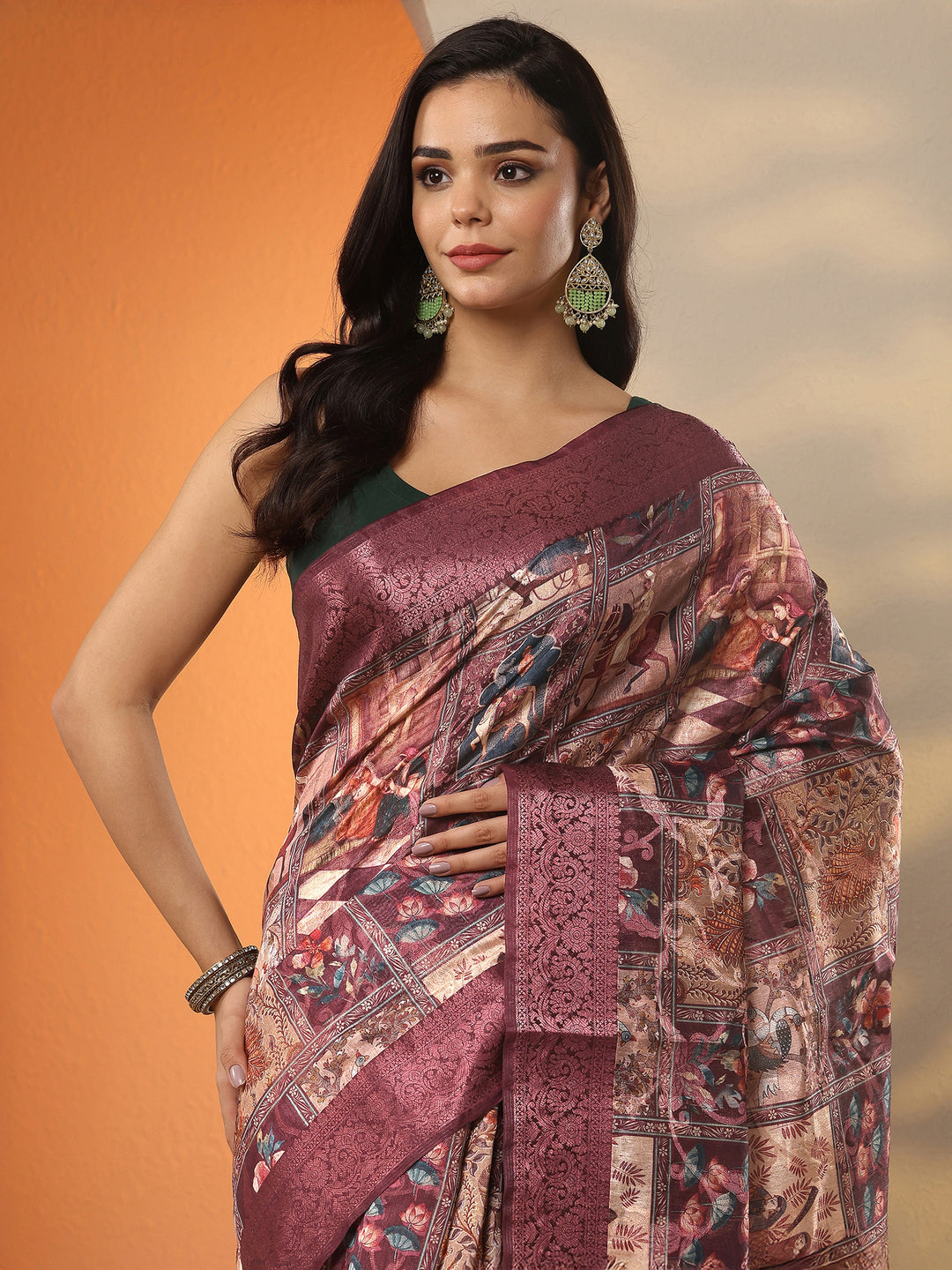 Burgundy Printed Silk Blend Saree With Unstitched Blouse Piece