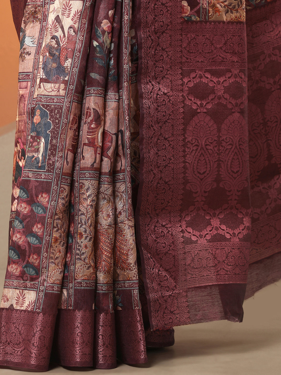 Burgundy Printed Silk Blend Saree With Unstitched Blouse Piece