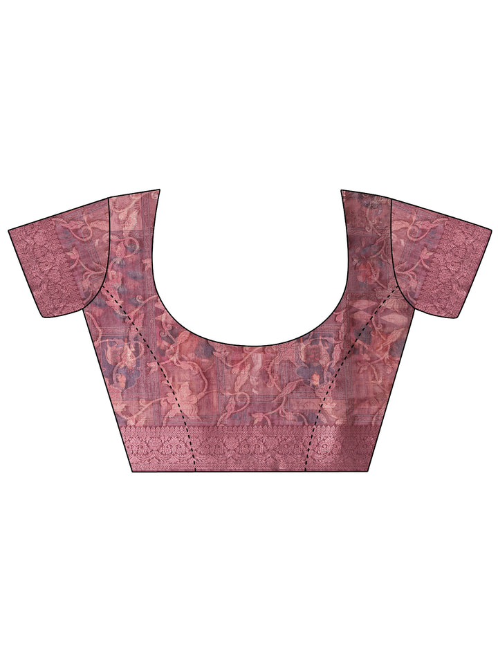 Burgundy Printed Silk Blend Saree With Unstitched Blouse Piece