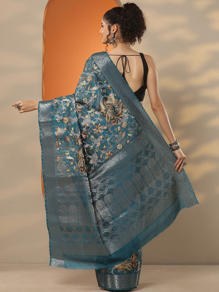 Blue Printed Silk Blend Saree With Unstitched Blouse Piece
