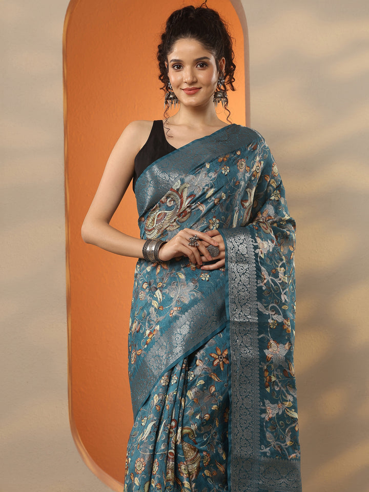 Blue Printed Silk Blend Saree With Unstitched Blouse Piece