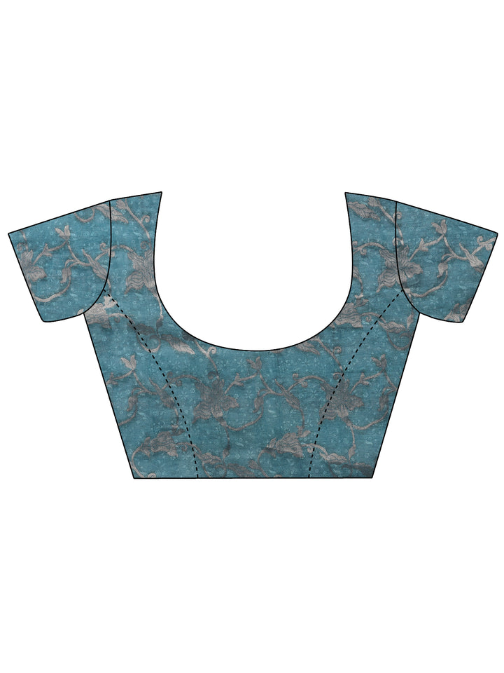 Blue Printed Silk Blend Saree With Unstitched Blouse Piece
