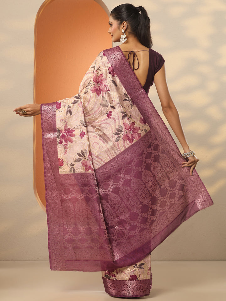 Pink Printed Silk Blend Saree With Unstitched Blouse Piece