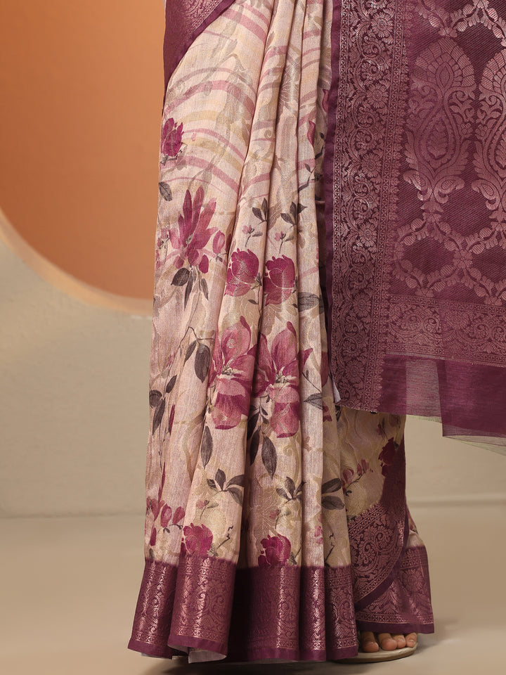 Pink Printed Silk Blend Saree With Unstitched Blouse Piece