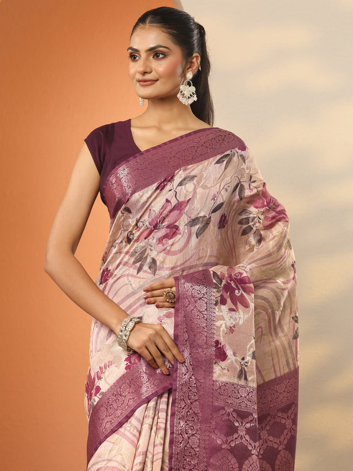 Pink Printed Silk Blend Saree With Unstitched Blouse Piece