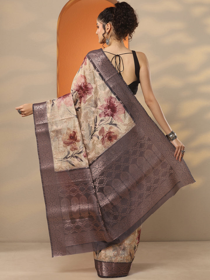 Beige Printed Silk Blend Saree With Unstitched Blouse Piece