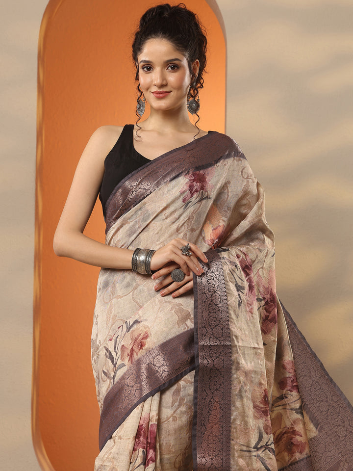 Beige Printed Silk Blend Saree With Unstitched Blouse Piece