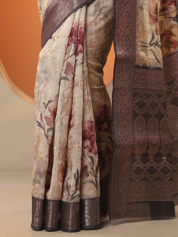 Beige Printed Silk Blend Saree With Unstitched Blouse Piece