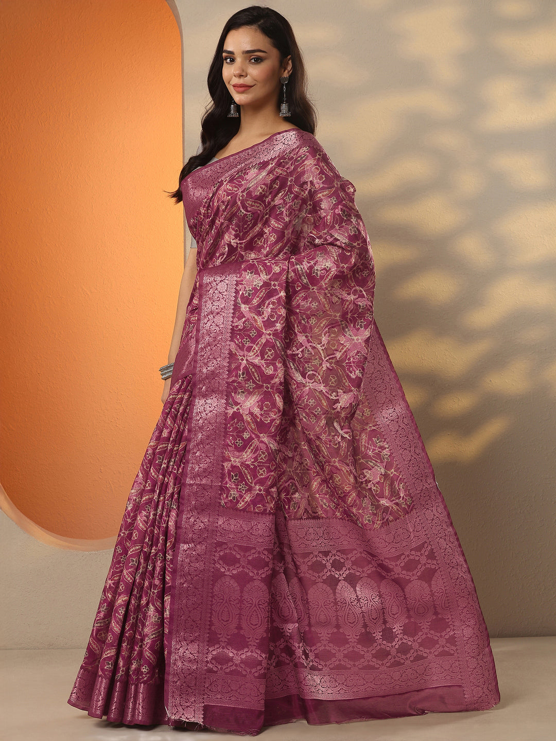 Burgundy Printed Silk Blend Saree With Unstitched Blouse Piece