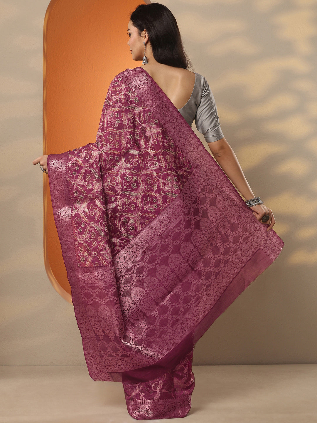 Burgundy Printed Silk Blend Saree With Unstitched Blouse Piece