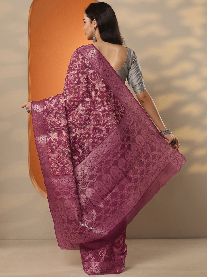 Burgundy Printed Silk Blend Saree With Unstitched Blouse Piece