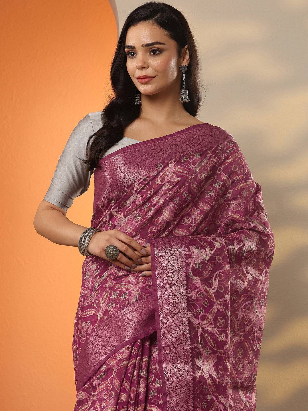 Burgundy Printed Silk Blend Saree With Unstitched Blouse Piece