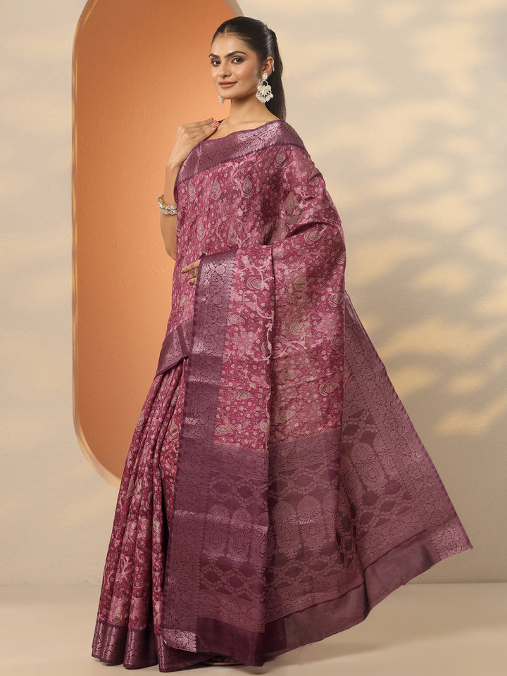 Maroon Printed Silk Blend Saree With Unstitched Blouse Piece