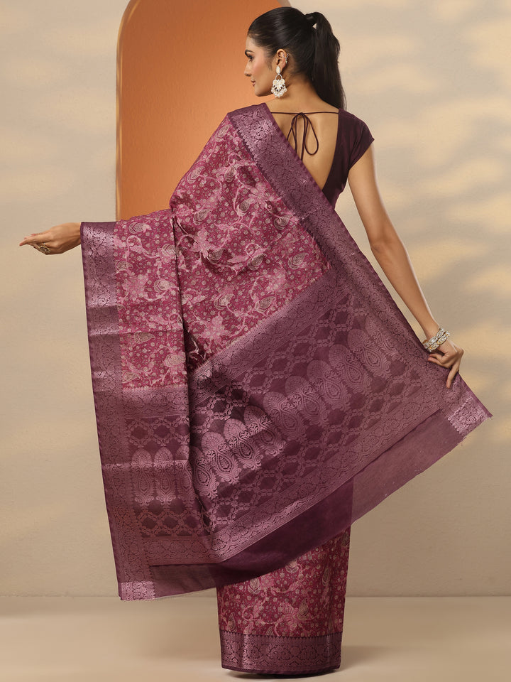 Maroon Printed Silk Blend Saree With Unstitched Blouse Piece