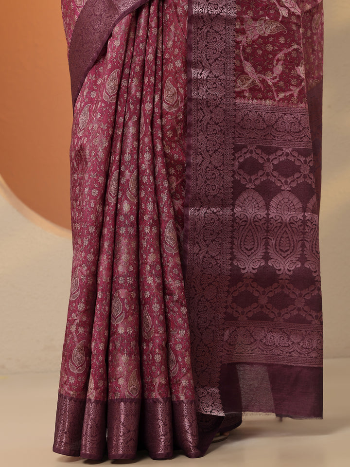 Maroon Printed Silk Blend Saree With Unstitched Blouse Piece