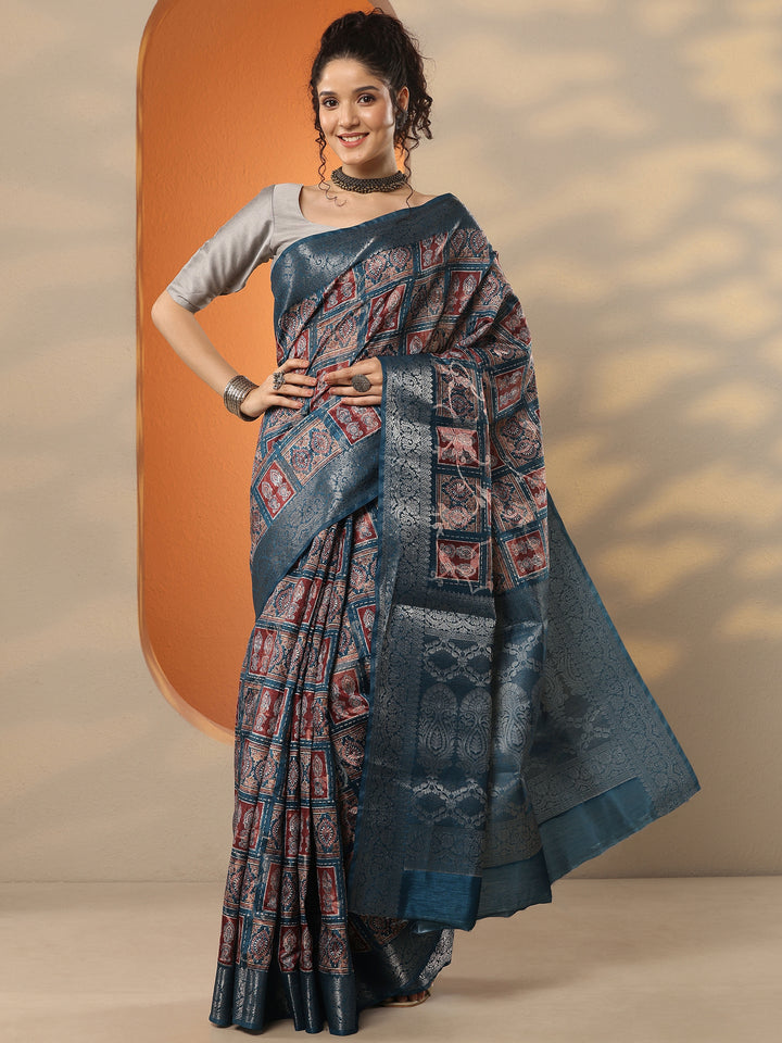 Blue Printed Silk Blend Saree With Unstitched Blouse Piece