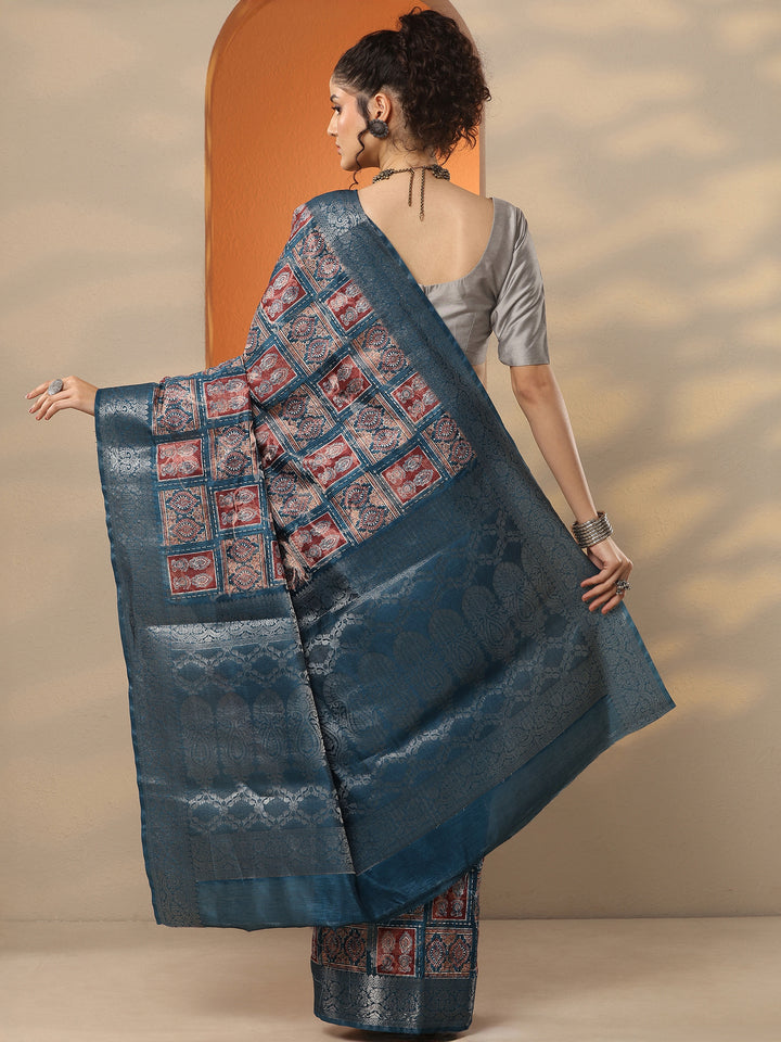 Blue Printed Silk Blend Saree With Unstitched Blouse Piece