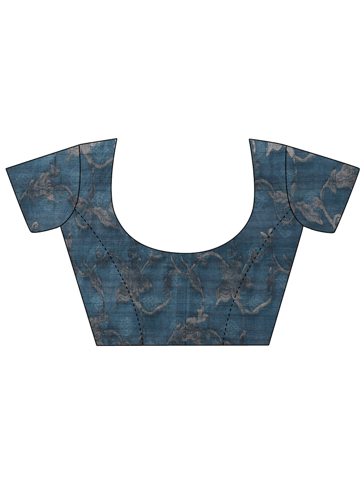 Blue Printed Silk Blend Saree With Unstitched Blouse Piece