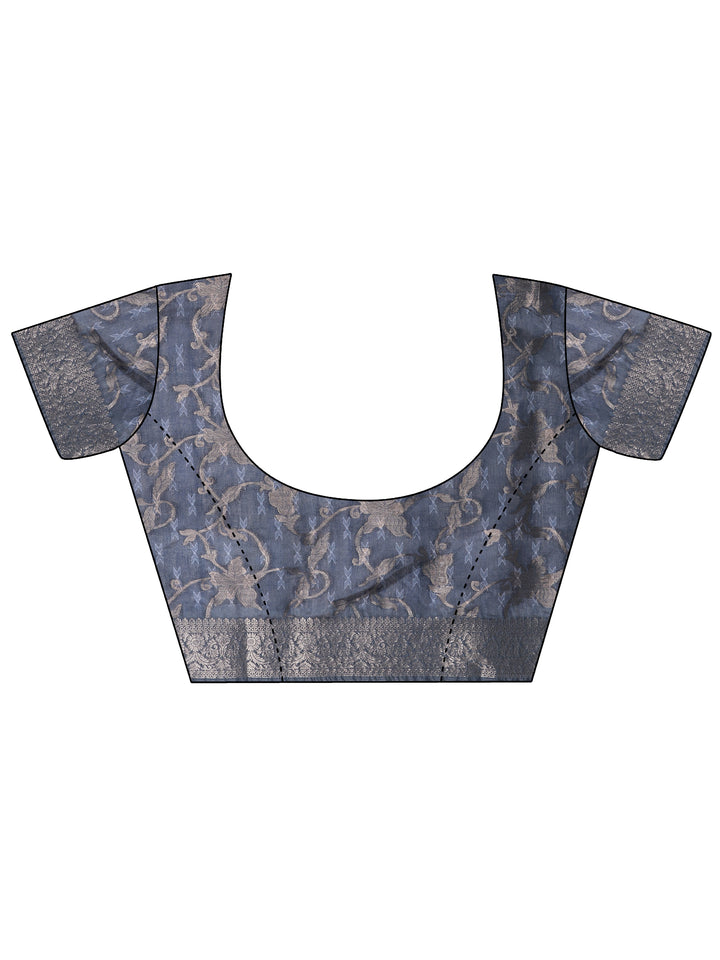 Blue Printed Silk Blend Saree With Unstitched Blouse Piece