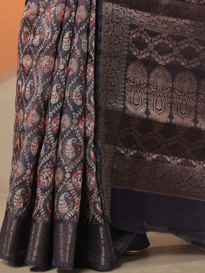 Purple Printed Silk Blend Saree With Unstitched Blouse Piece