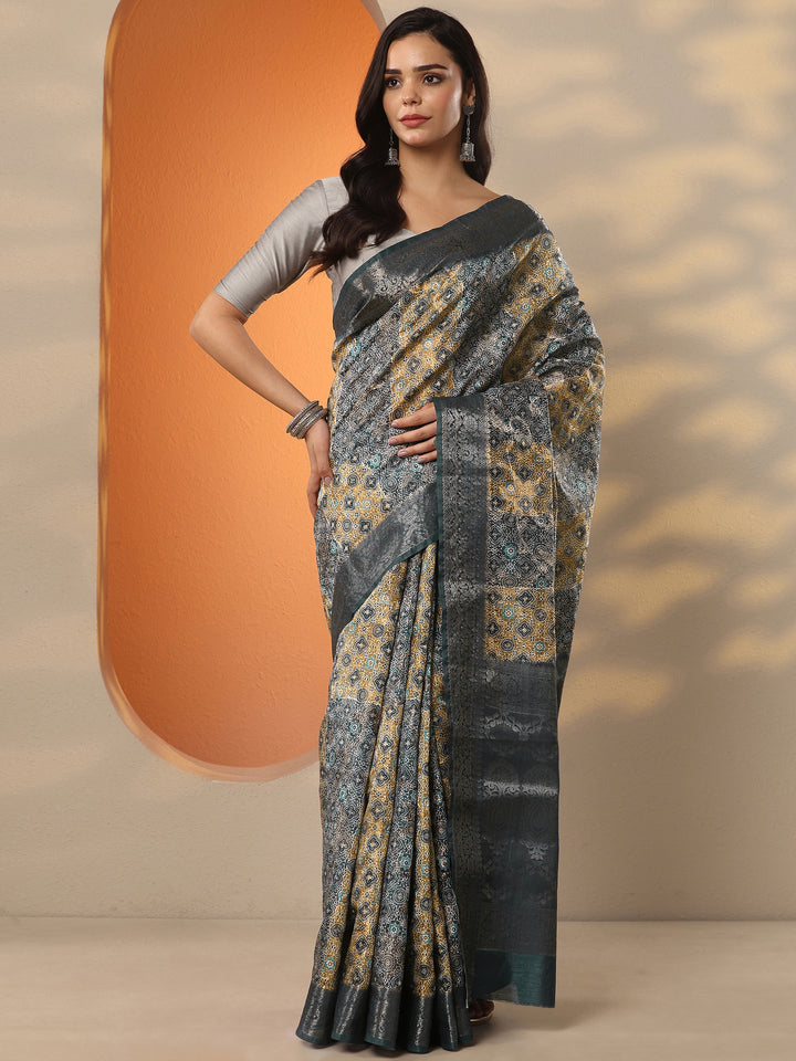 Blue Printed Silk Blend Saree With Unstitched Blouse Piece