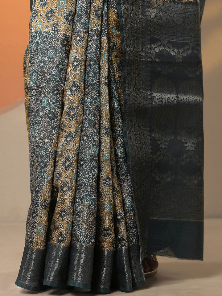 Blue Printed Silk Blend Saree With Unstitched Blouse Piece