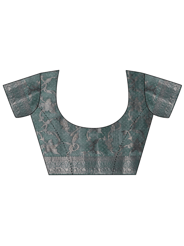 Blue Printed Silk Blend Saree With Unstitched Blouse Piece