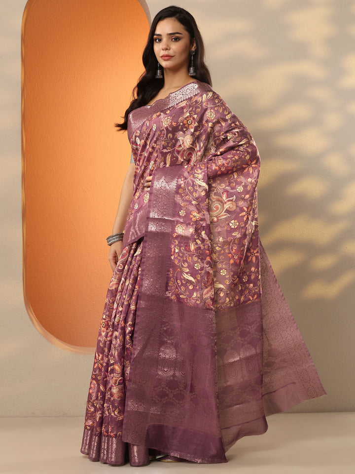 Purple Printed Silk Blend Saree With Unstitched Blouse Piece