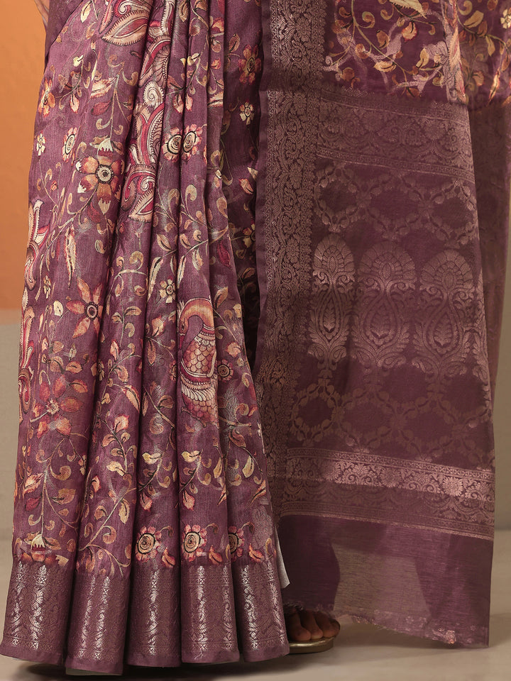 Purple Printed Silk Blend Saree With Unstitched Blouse Piece