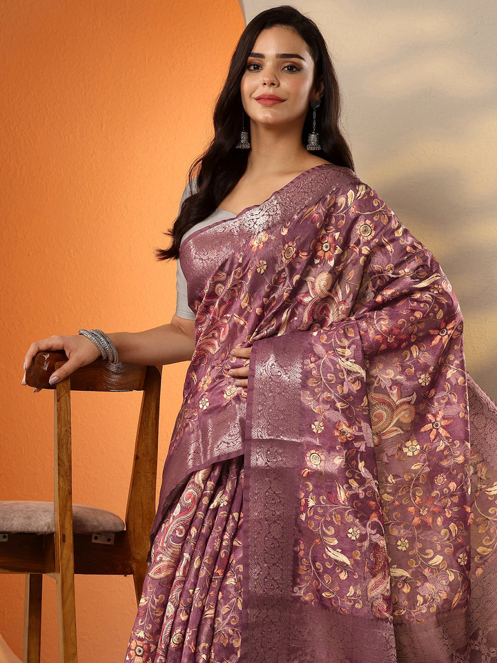 Purple Printed Silk Blend Saree With Unstitched Blouse Piece