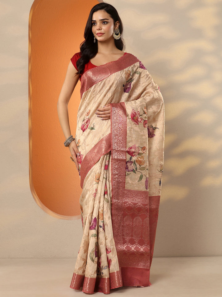Cream Printed Silk Blend Saree With Unstitched Blouse Piece