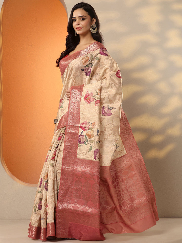 Cream Printed Silk Blend Saree With Unstitched Blouse Piece