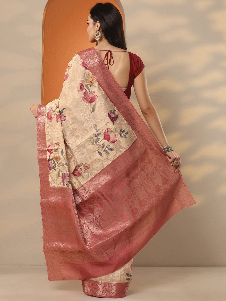 Cream Printed Silk Blend Saree With Unstitched Blouse Piece
