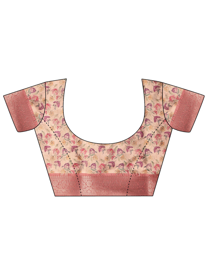 Cream Printed Silk Blend Saree With Unstitched Blouse Piece