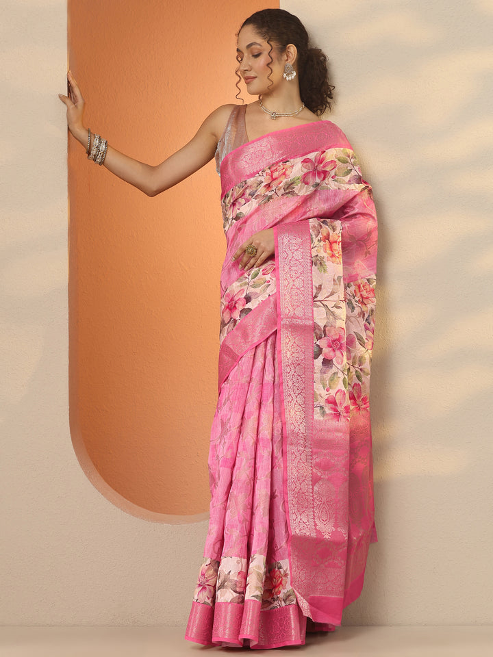 Pink Printed Silk Blend Saree With Unstitched Blouse Piece