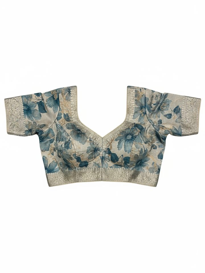 Beige Printed Silk Blend Saree With Unstitched Blouse Piece
