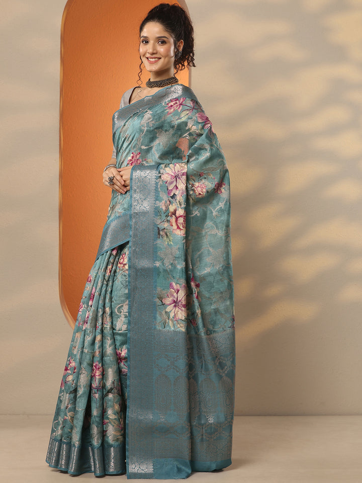 Sea Green Printed Silk Blend Saree With Unstitched Blouse Piece