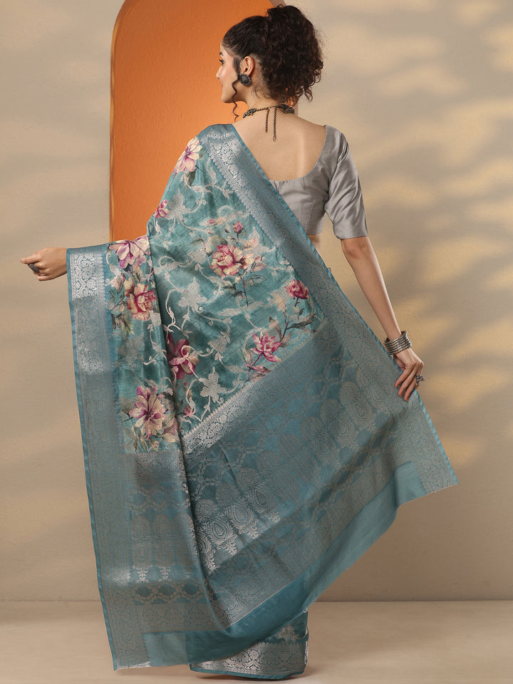 Sea Green Printed Silk Blend Saree With Unstitched Blouse Piece