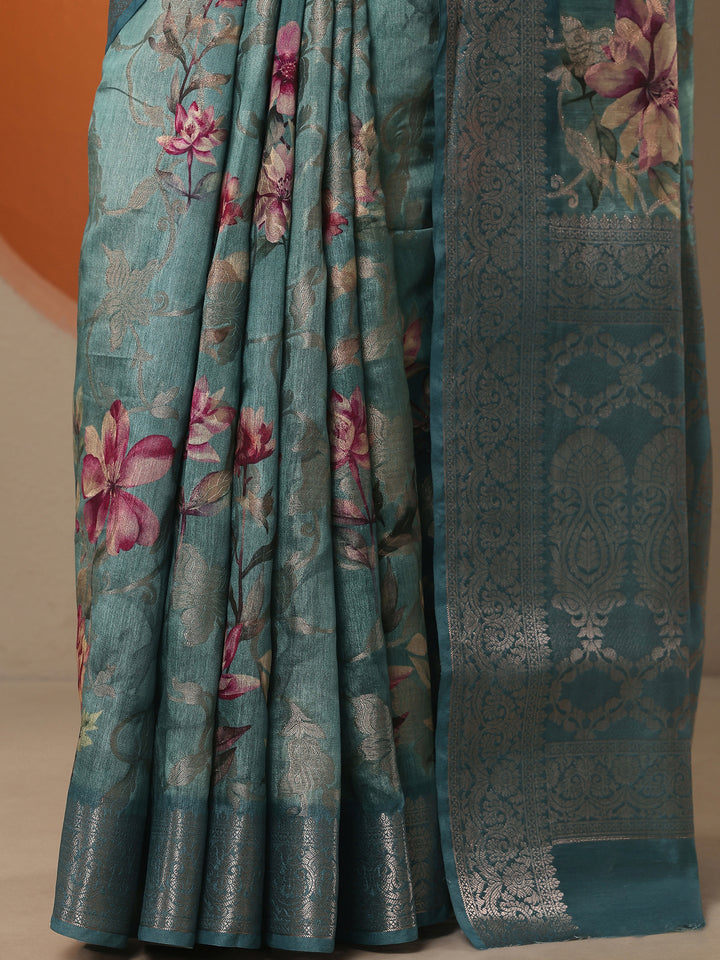 Sea Green Printed Silk Blend Saree With Unstitched Blouse Piece
