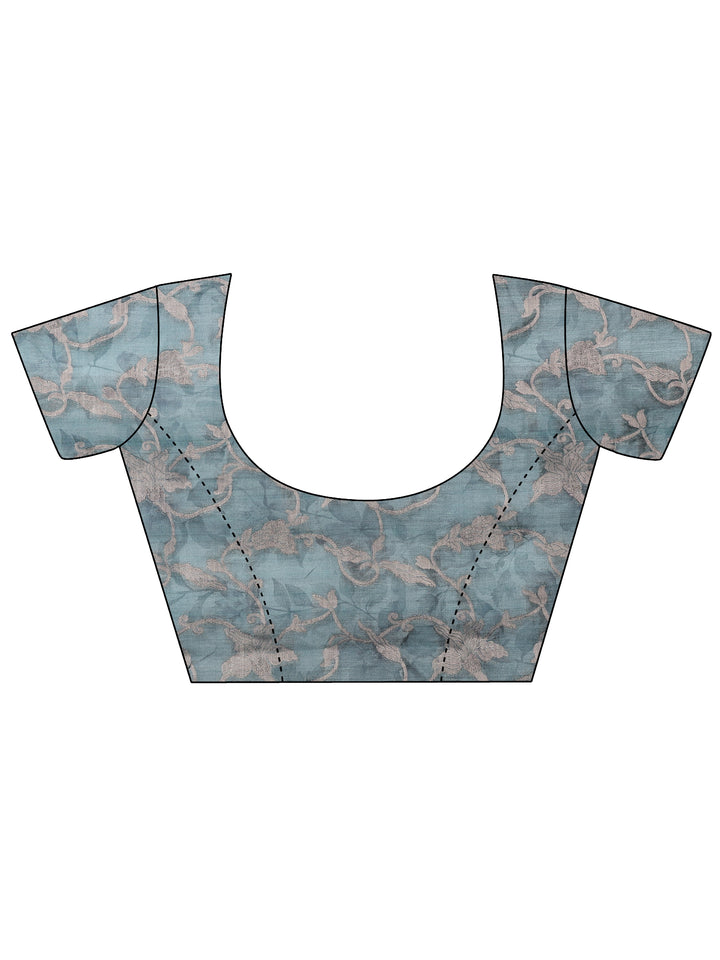 Sea Green Printed Silk Blend Saree With Unstitched Blouse Piece