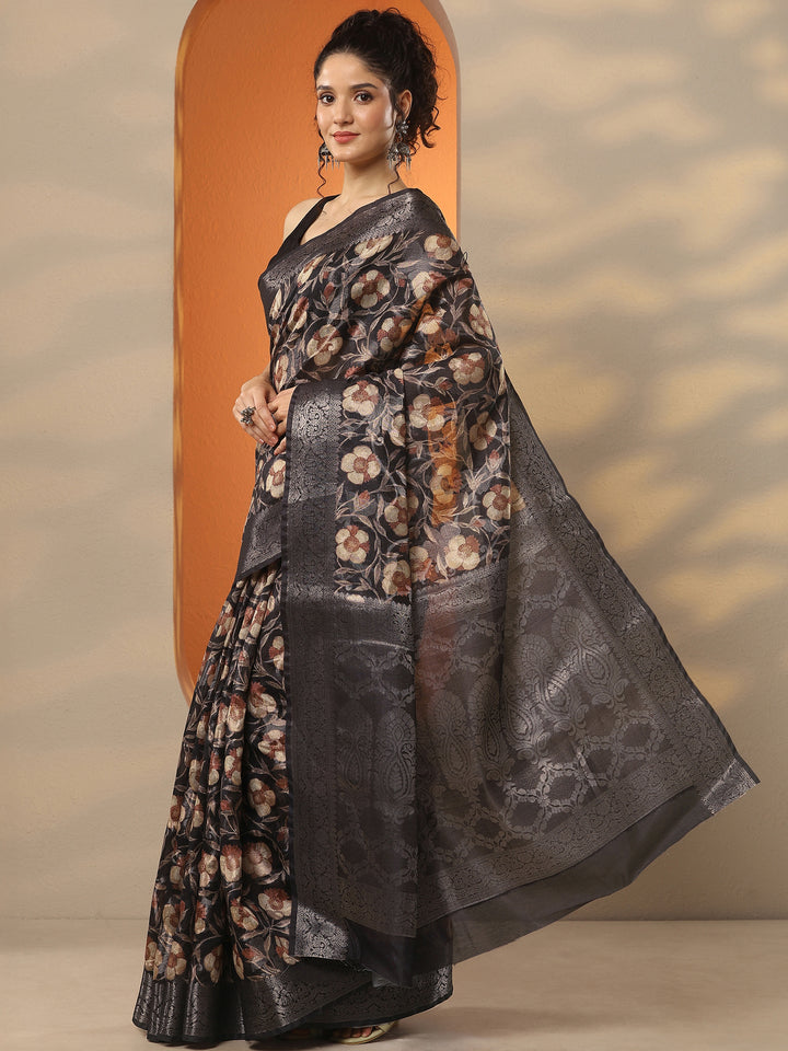 Black Printed Silk Blend Saree With Unstitched Blouse Piece