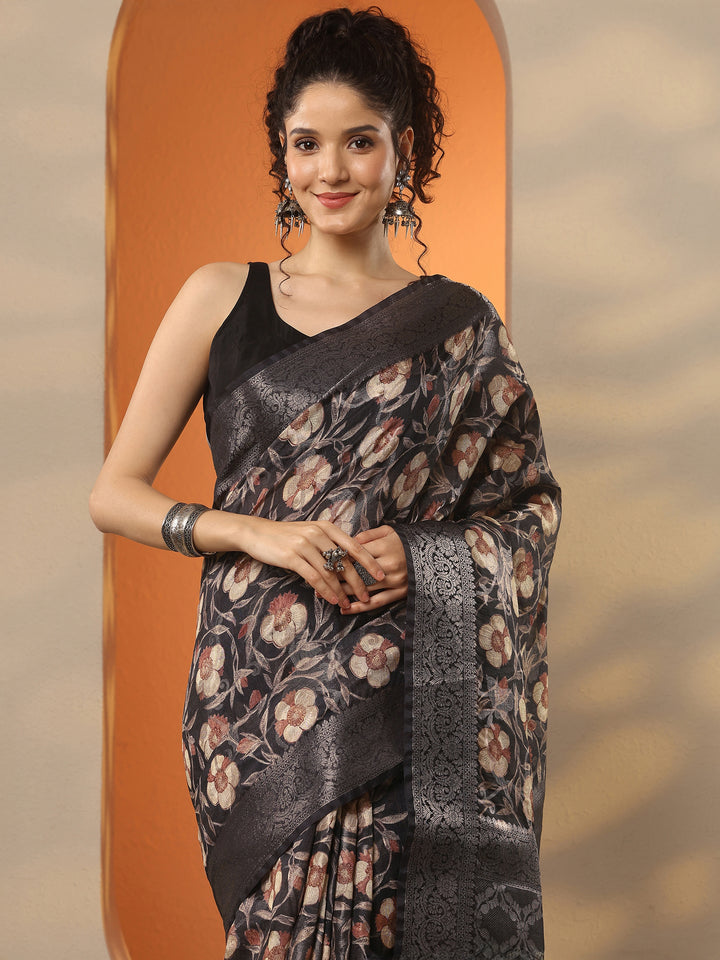 Black Printed Silk Blend Saree With Unstitched Blouse Piece