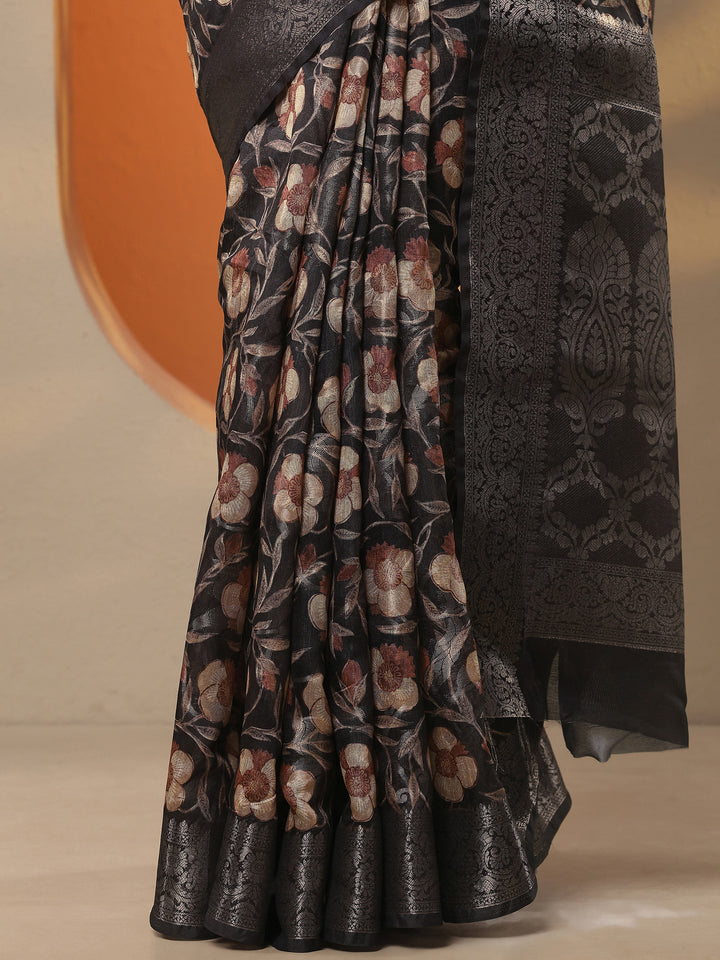 Black Printed Silk Blend Saree With Unstitched Blouse Piece