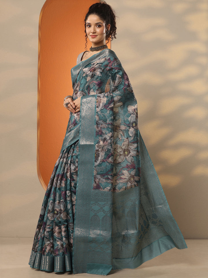 Green Printed Silk Blend Saree With Unstitched Blouse Piece