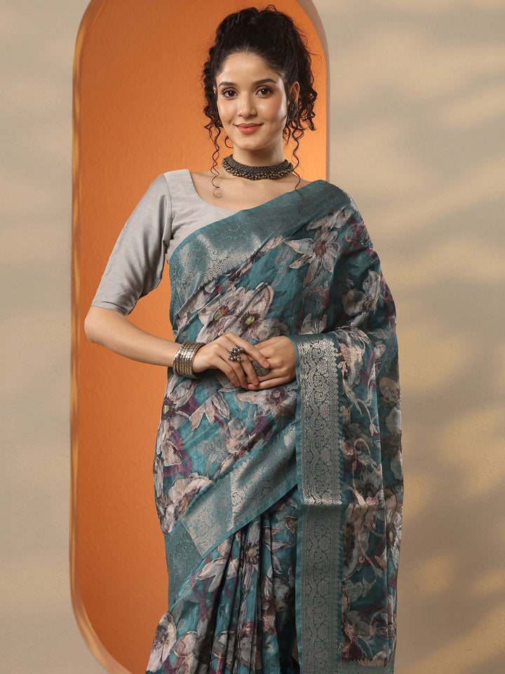Green Printed Silk Blend Saree With Unstitched Blouse Piece
