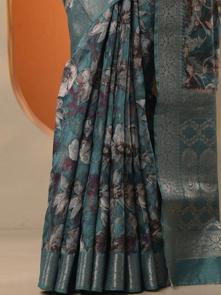 Green Printed Silk Blend Saree With Unstitched Blouse Piece