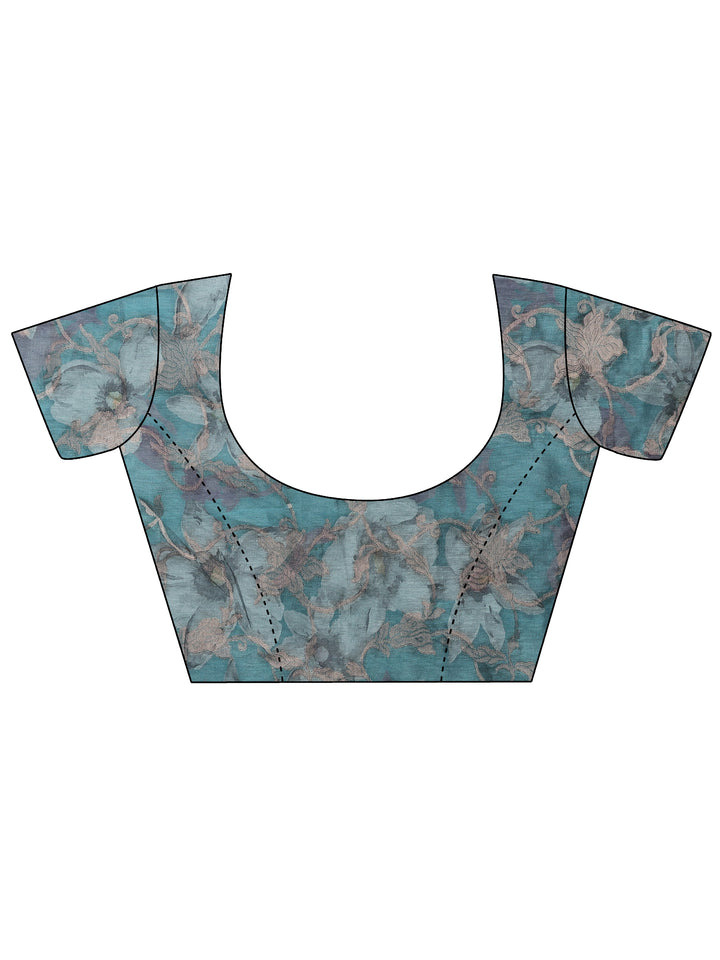 Green Printed Silk Blend Saree With Unstitched Blouse Piece